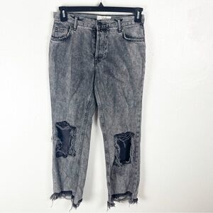 FREE PEOPLE Maggie Black Wash Button Fly Busted Knees Sharkbite Hem Jeans 26